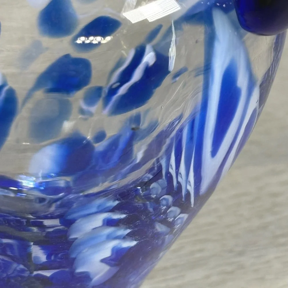Vintage Italian Art Glass Vase Blue White Pulled Decoration Cobalt Handles 7.5